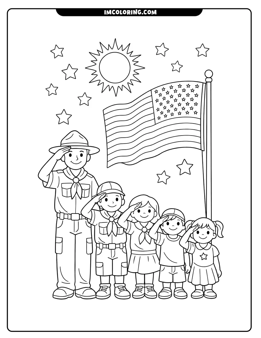 Black and white Kids and adult saluting the American flag coloring sheet