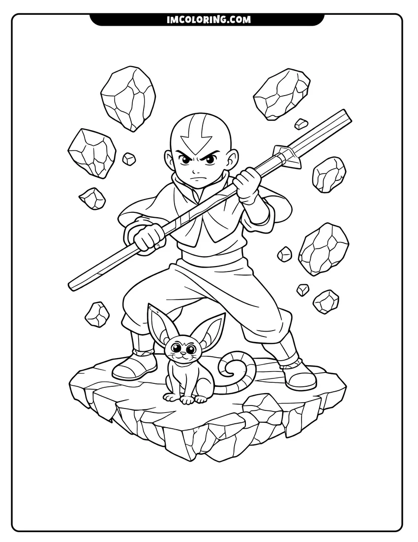 Simple line drawing of Aang and Momo on rocky ground