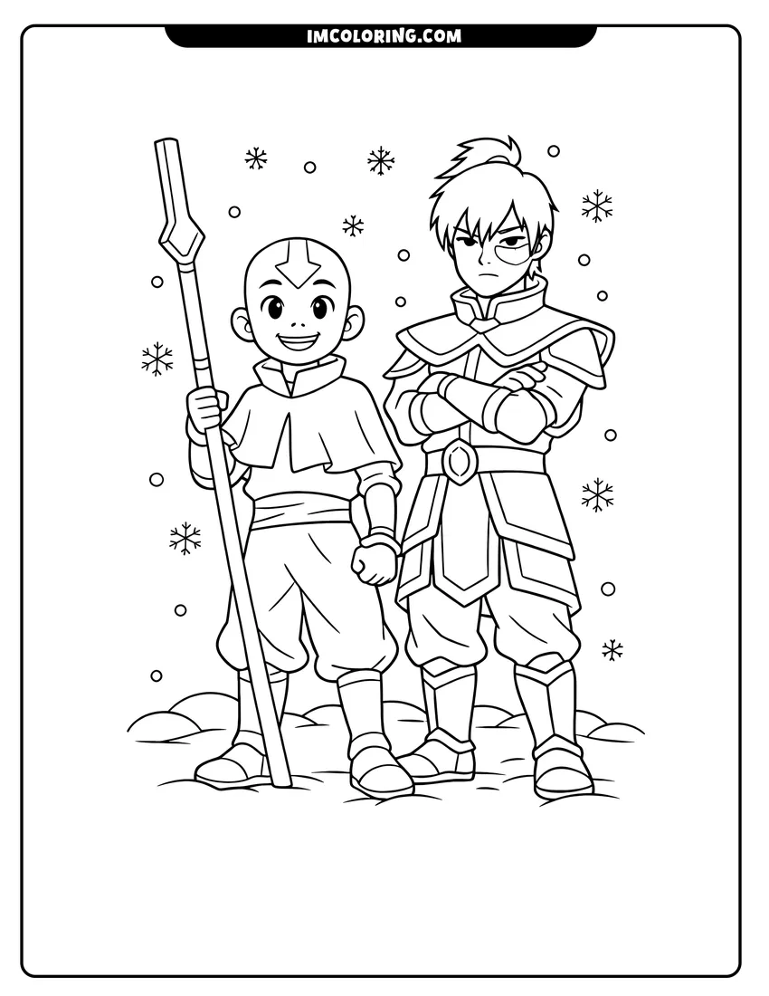 Kawaii style Aang and Zuko in the snow coloring picture