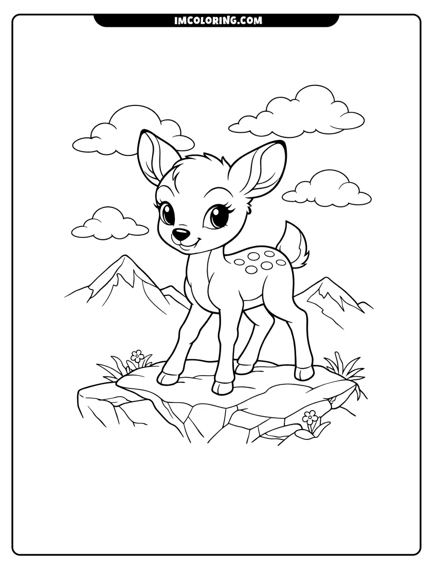 Printable Kawaii baby Bambi standing on rocks coloring activity