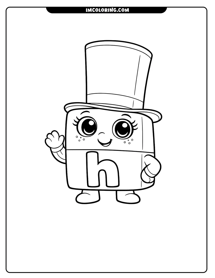 Printable coloring page featuring Alphablock H with eyelashes wearing a top hat