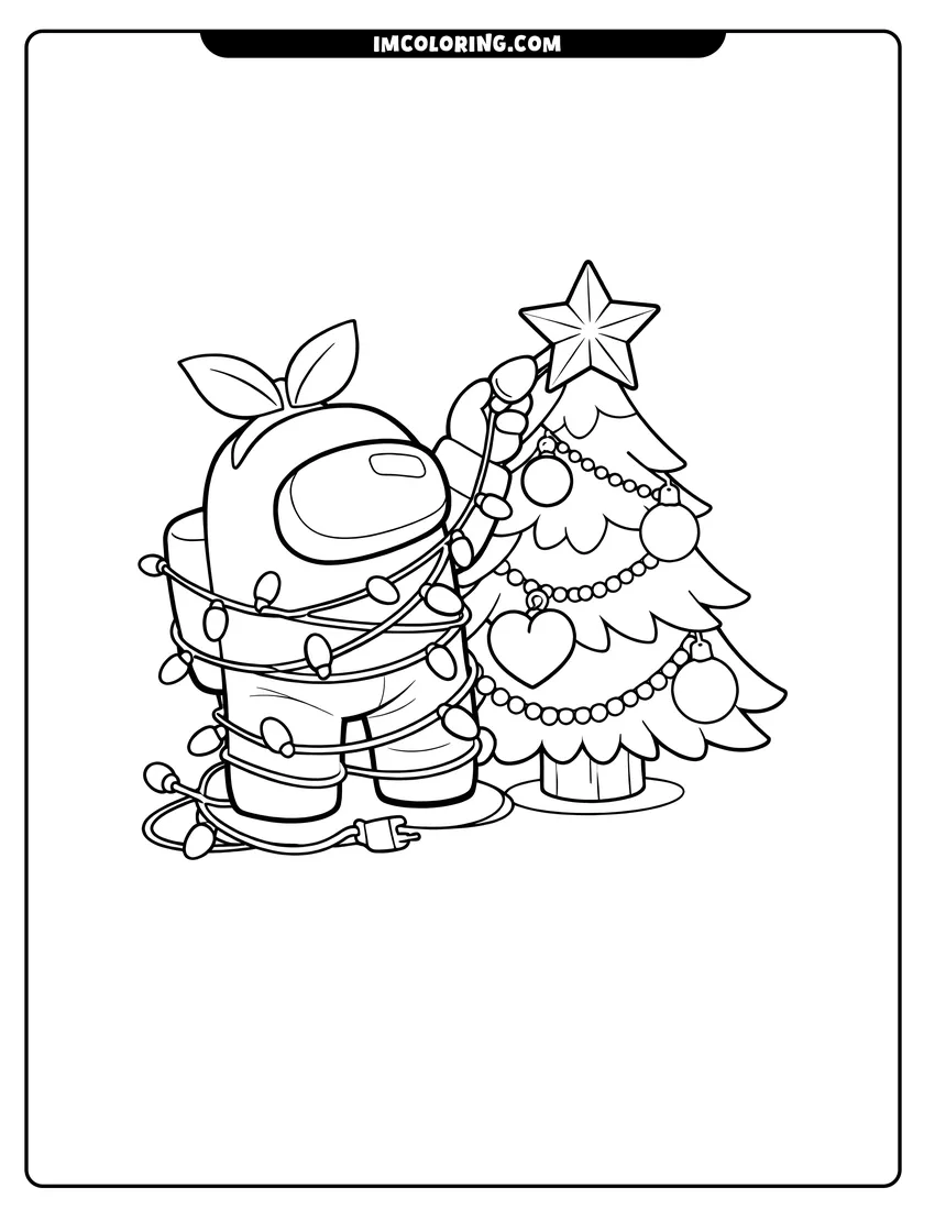 Black and white Among Us crewmate decorating a Christmas tree coloring sheet