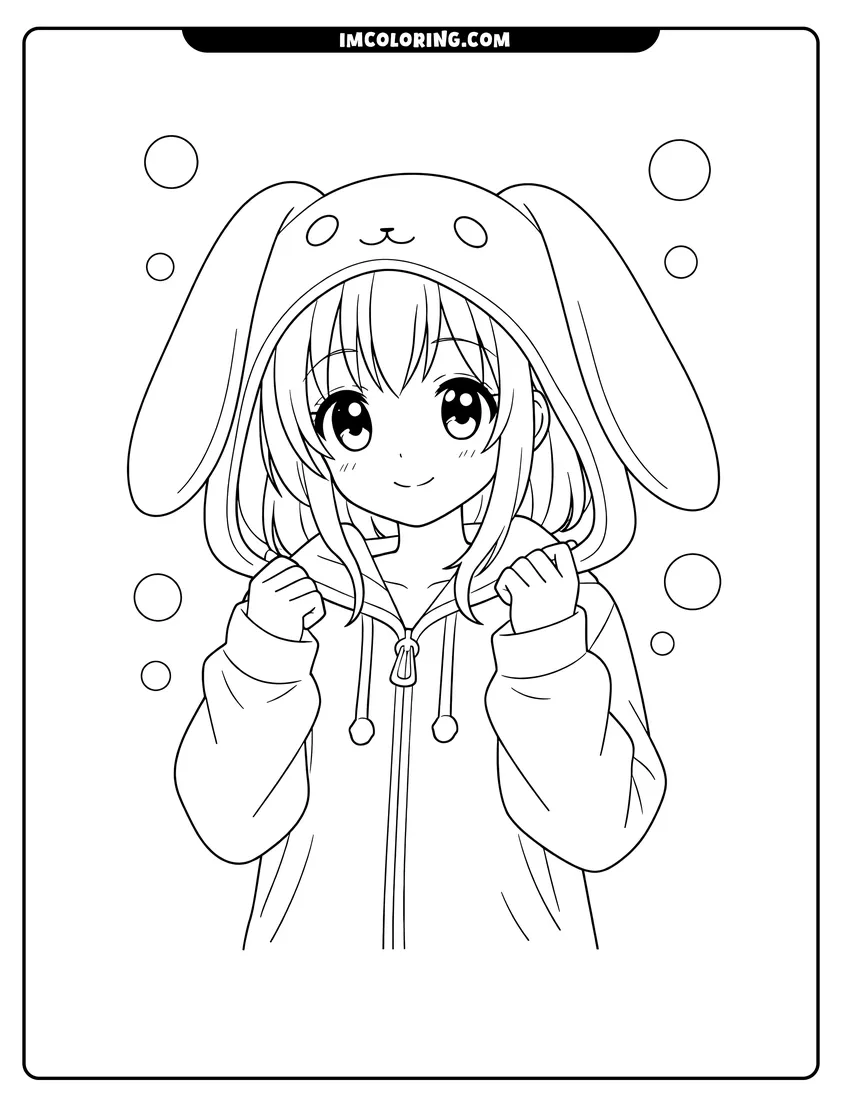 Printable Anime girl wearing a hooded bunny onesie coloring activity