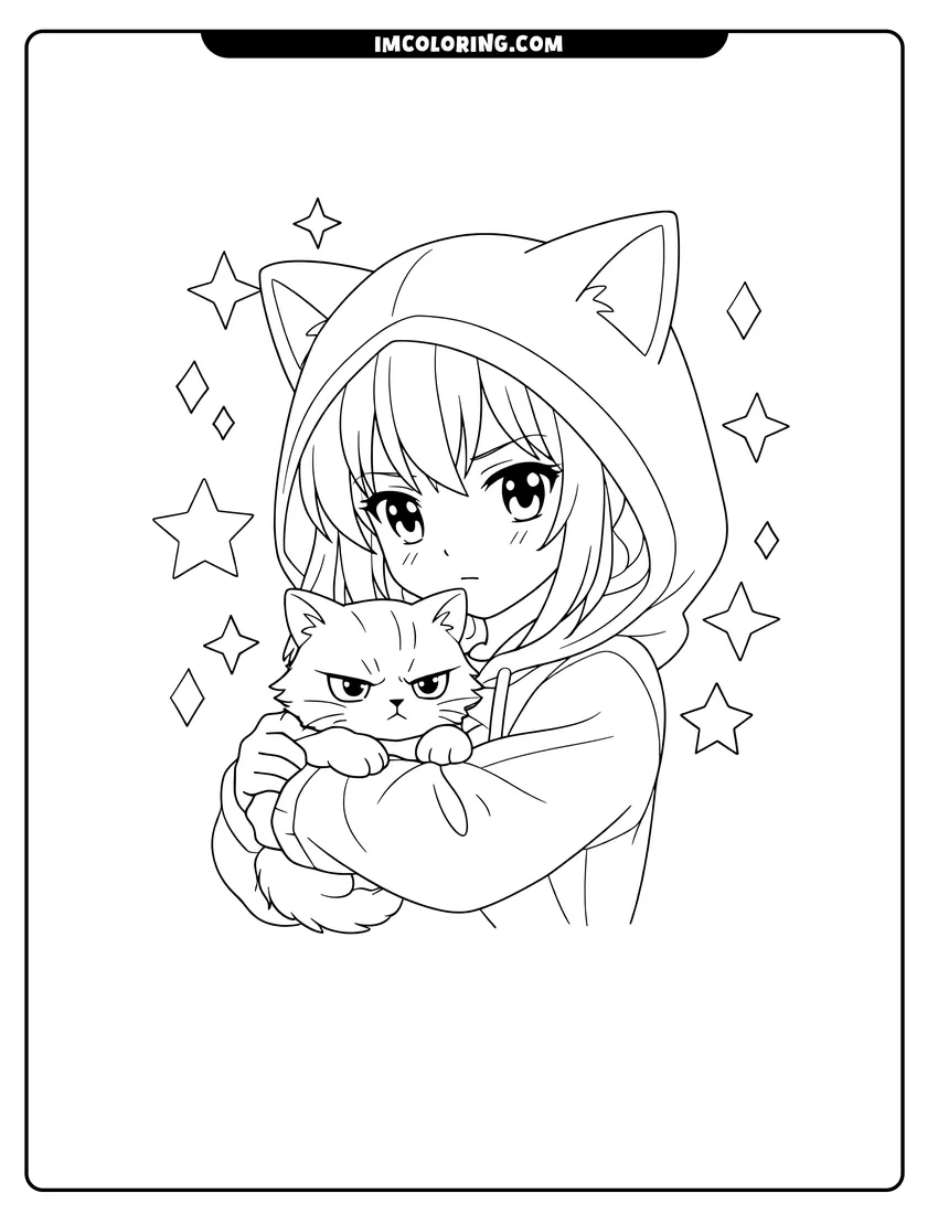 Printable outline of Anime girl wearing cat-ear hoodie hugging a cat