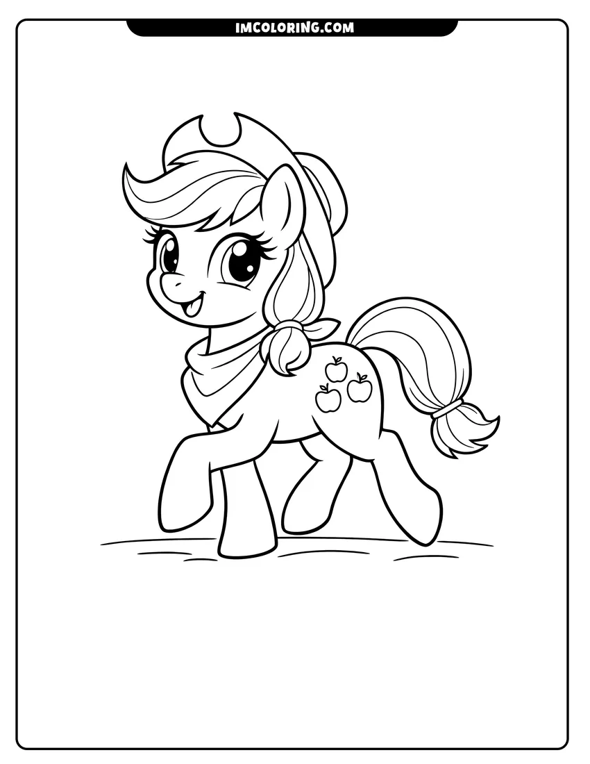 Detailed Applejack trotting while wearing a bandana and cowboy hat design for coloring
