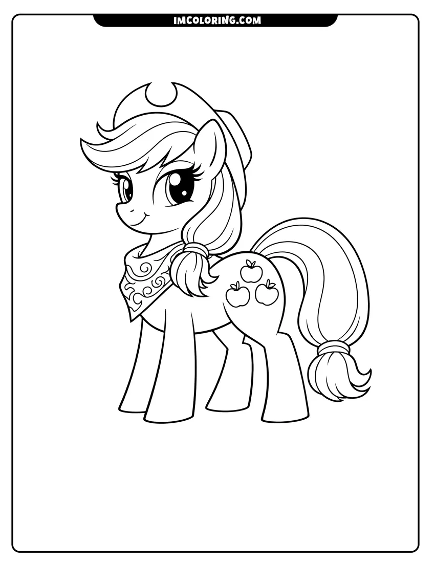 Kawaii style Applejack wearing a swirling sash and a cowboy hat coloring picture