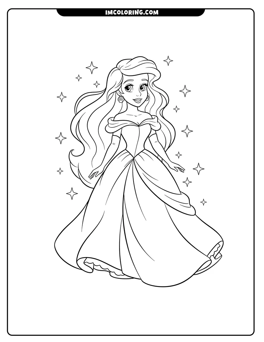 Line art depicting Ariel in a formal gown with sparkles