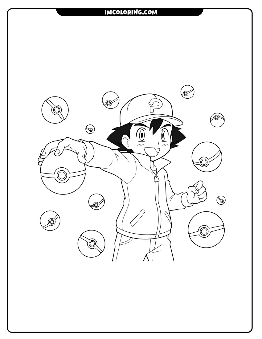 Coloring sheet of Ash Ketchum throwing a Poké Ball with floating spheres for kids