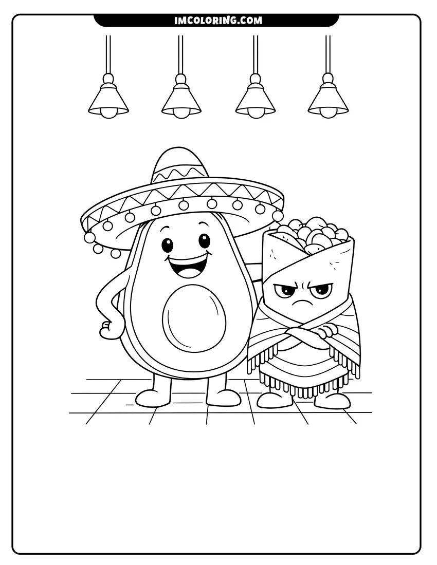 Line art depicting Avocado in a sombrero next to a burrito character