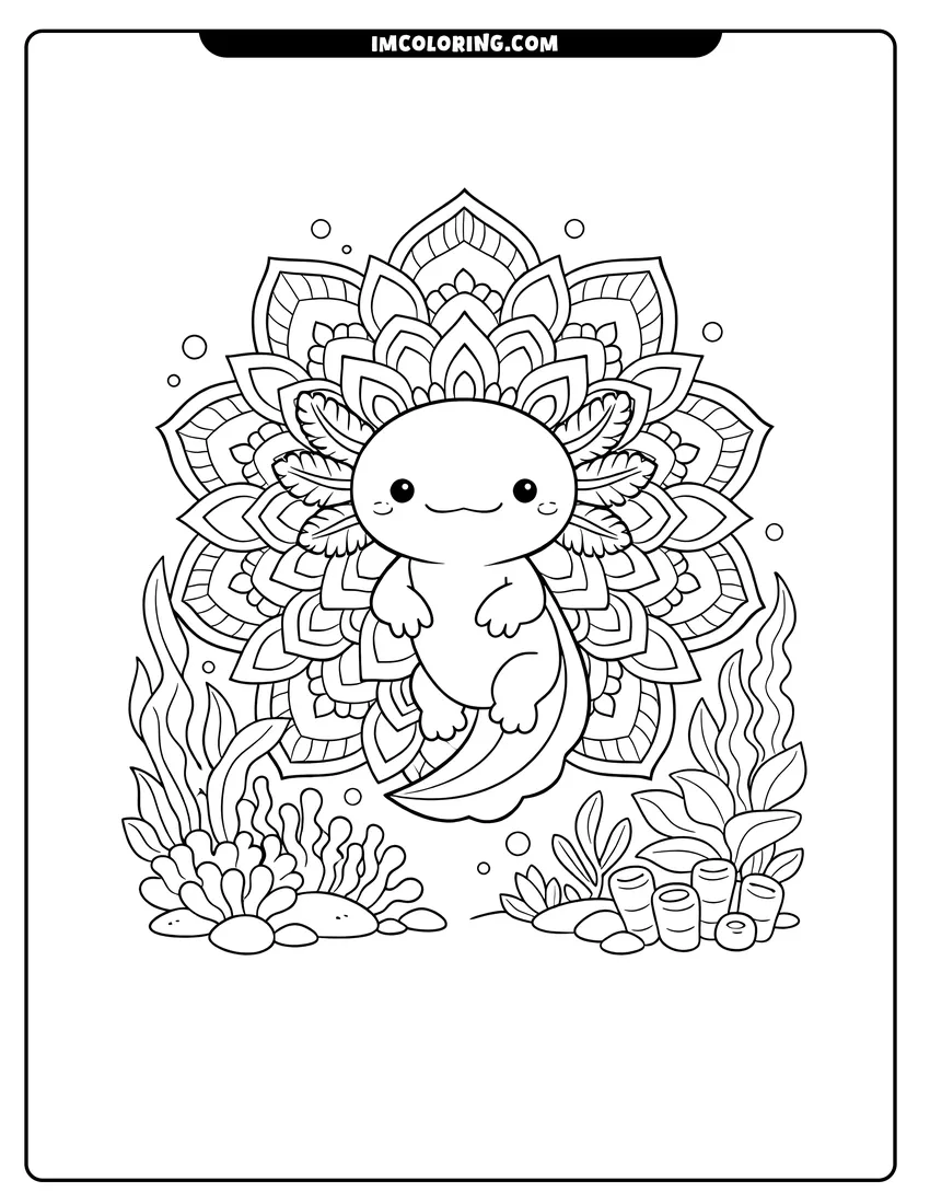 Outline of Axolotl floating in the center of a flower mandala on a white background