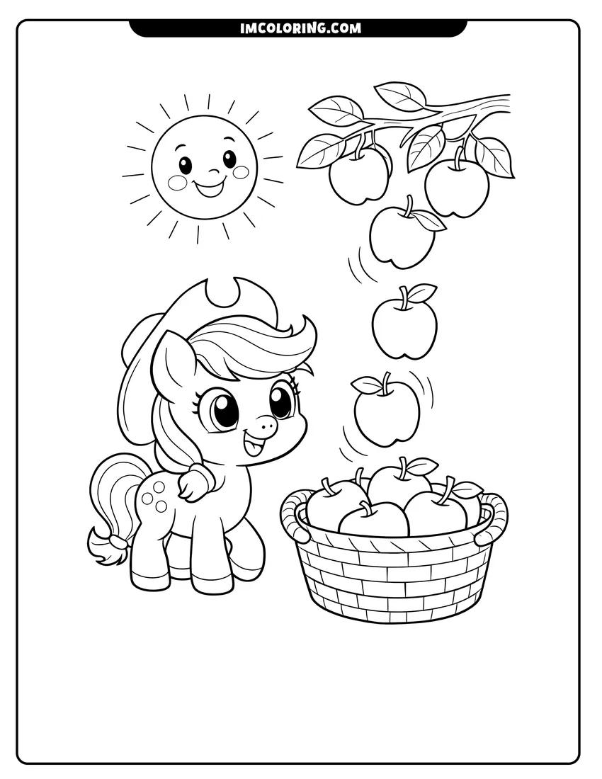 Baby Applejack standing by a tree with falling apples drawing meant for coloring
