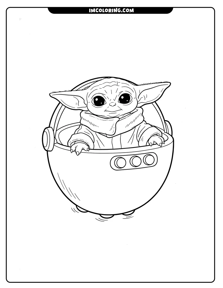 Printable outline of Baby Yoda peeking out of his floating pod