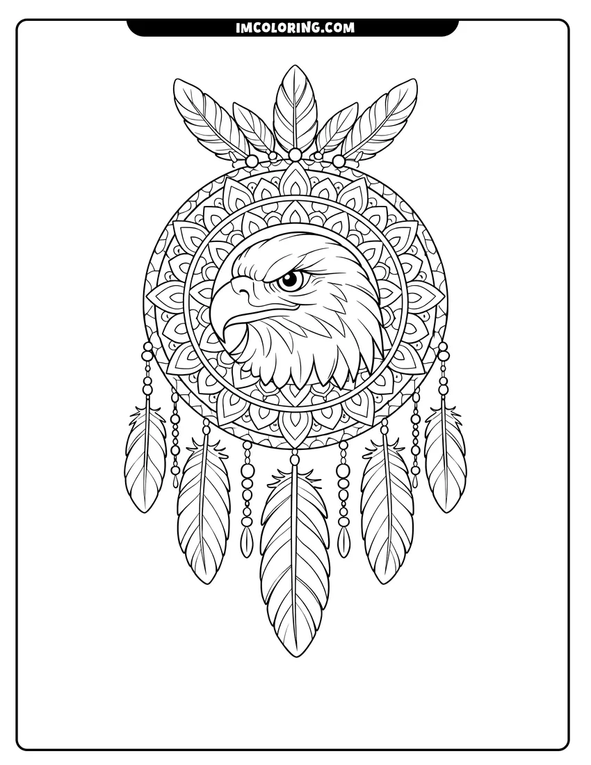 Line art depicting Bald eagle head inside a mandala dreamcatcher