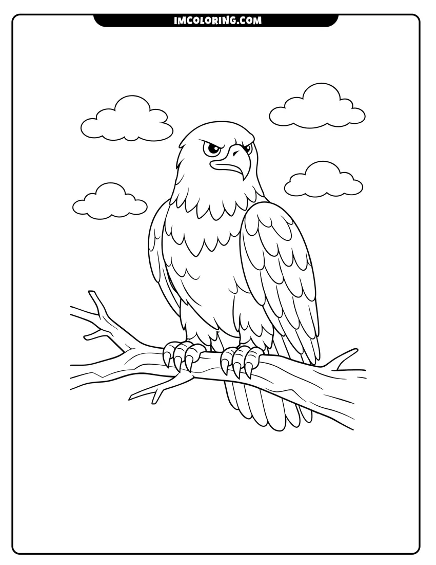 Printable outline of Bald eagle perched on a branch with clouds