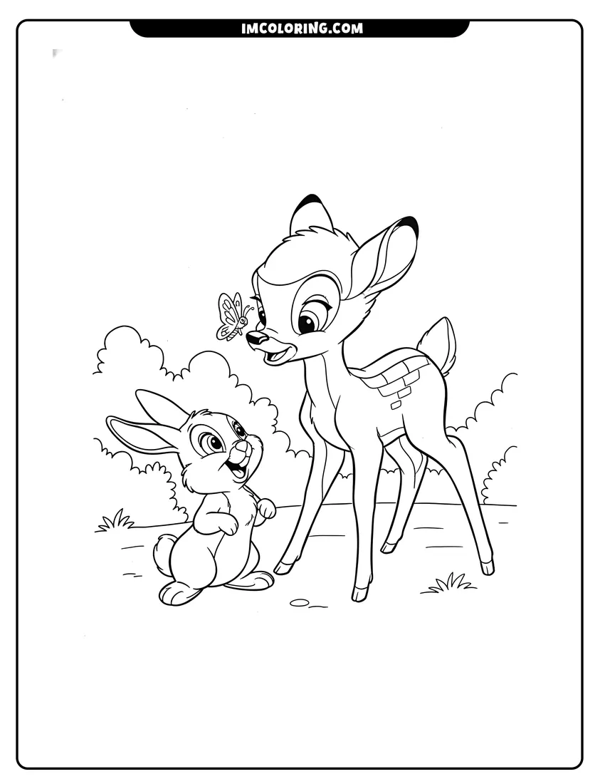 Illustration of Bambi with a butterfly on his nose and Thumper ready for painting