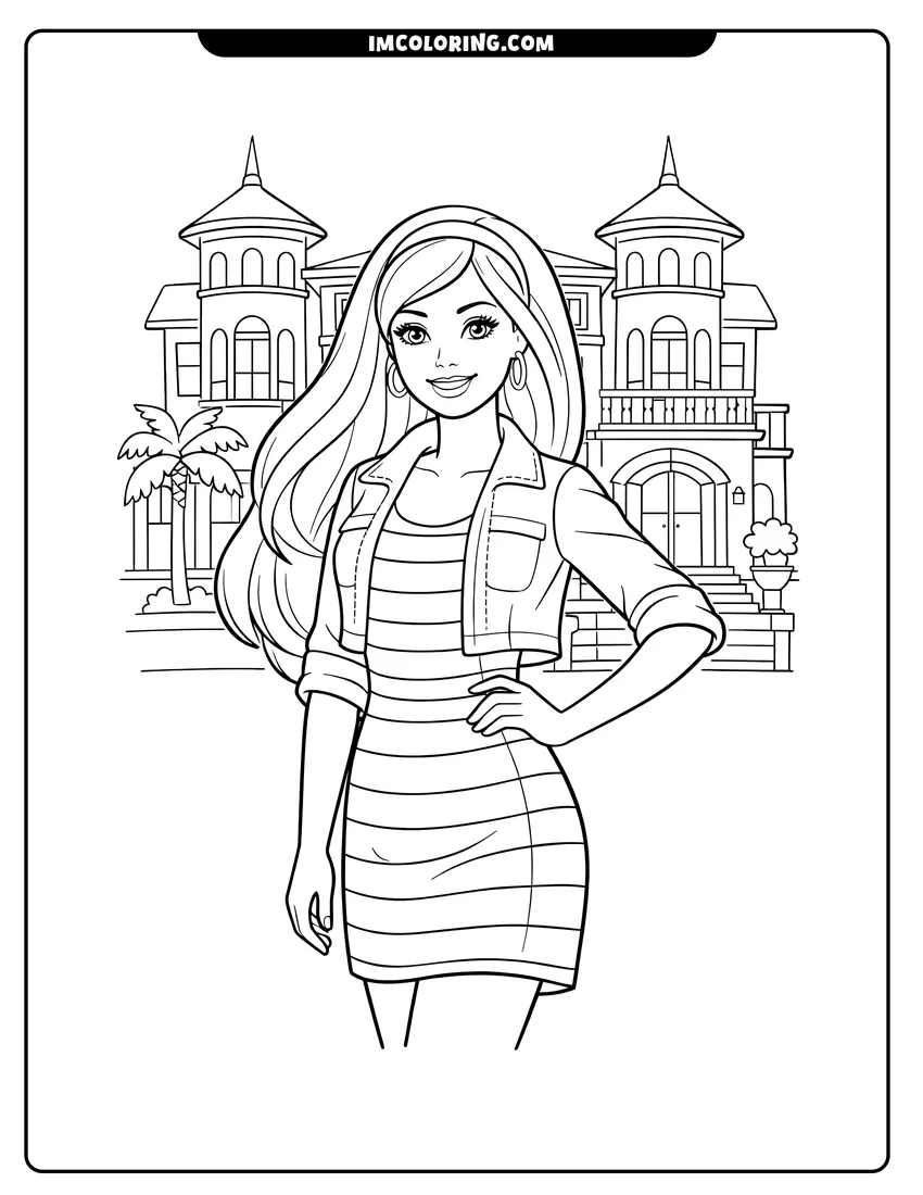 Cute Barbie in front of her grand mansion outline for coloring