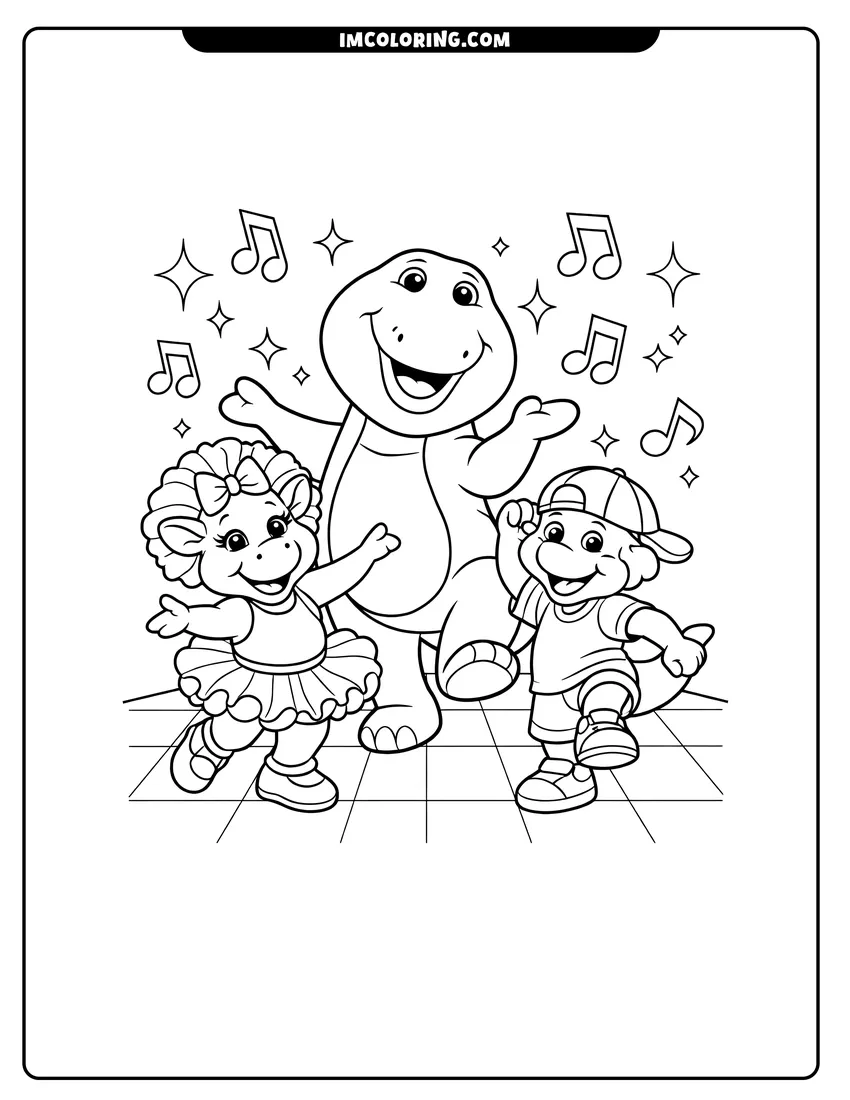 Printable coloring page featuring Barney, Baby Bop, and BJ dancing and singing