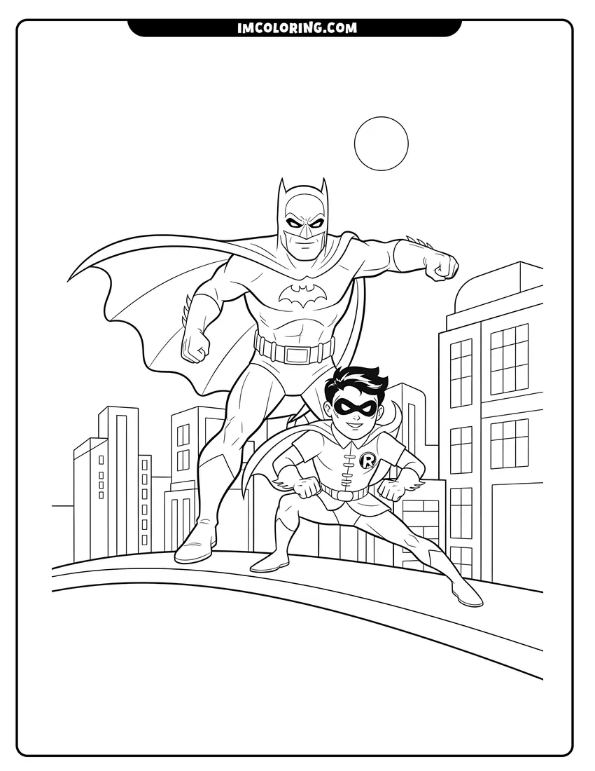 Outline of Batman and Robin running across a city rooftop ledge on a white background