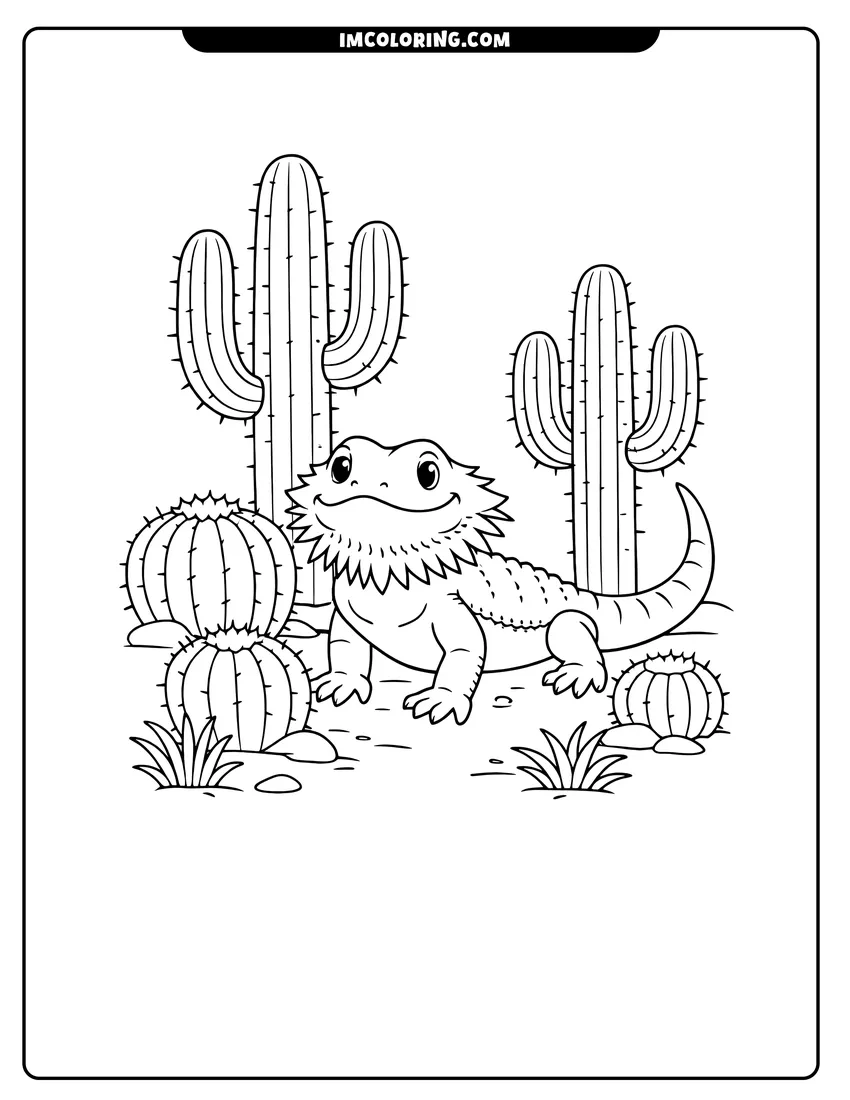 Bearded dragon standing on sand surrounded by various cacti coloring page for preschoolers