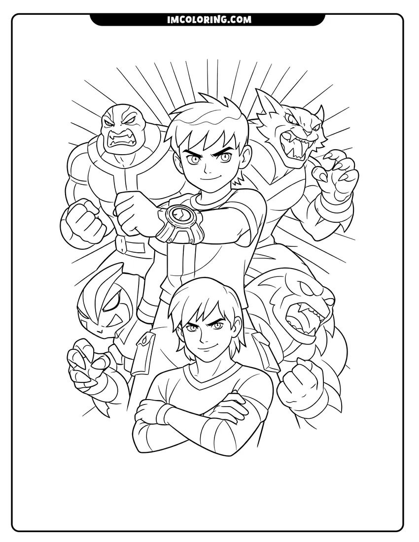 Simple line drawing of Ben Tennyson with Kevin Levin and aliens