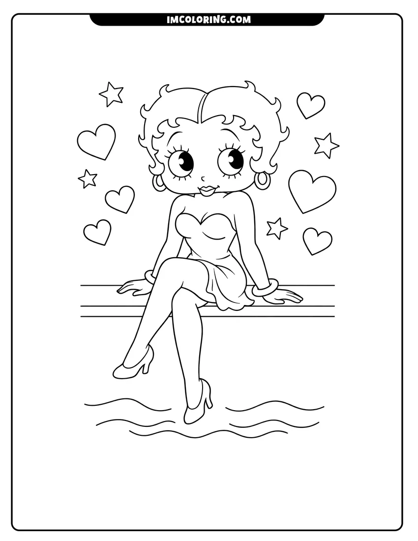 Printable coloring page featuring Simple Betty Boop sitting by waves and hearts