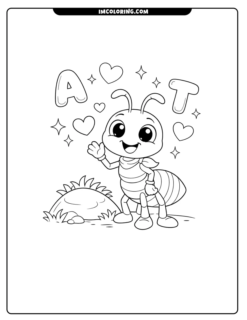 Simple sketch of Smiling ant with bubble letters and hearts for children