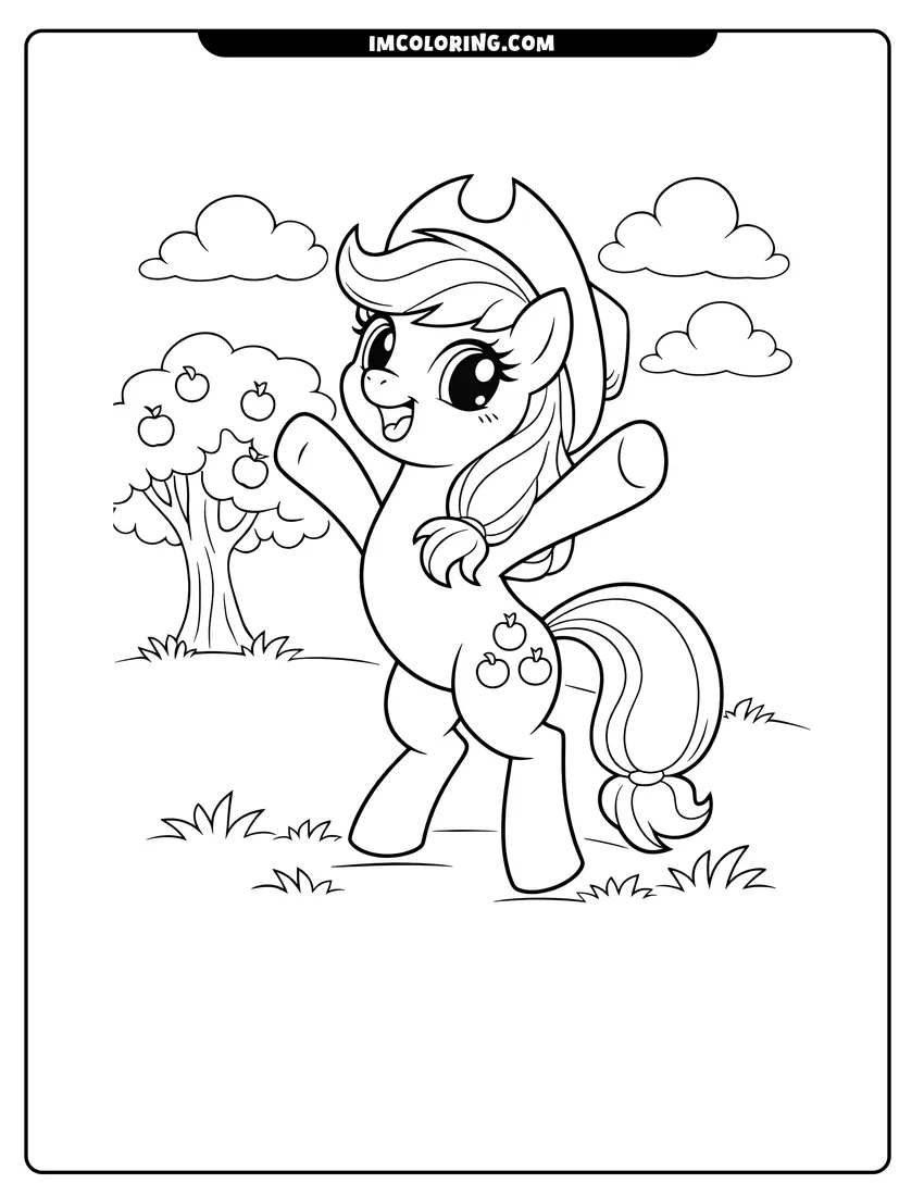 Scene showing Applejack standing on hind legs in a grassy field to color
