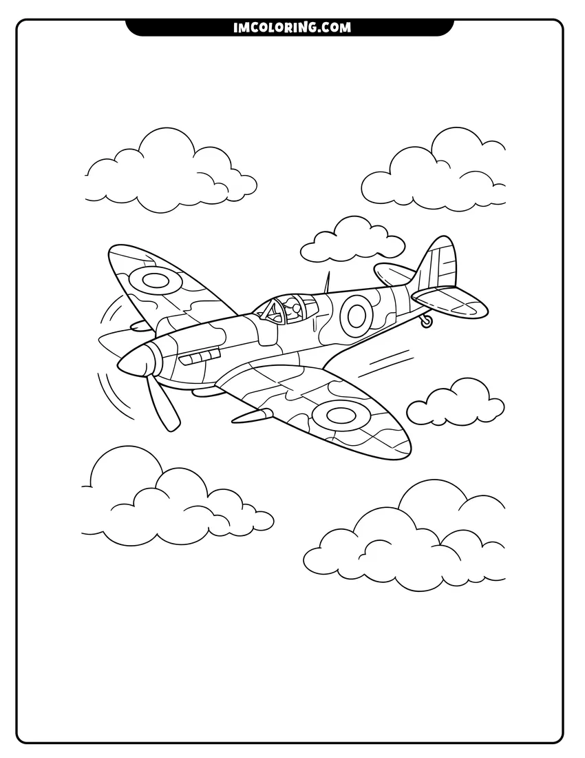 Kawaii style Spitfire fighter airplane with camouflage patterns and markings coloring picture