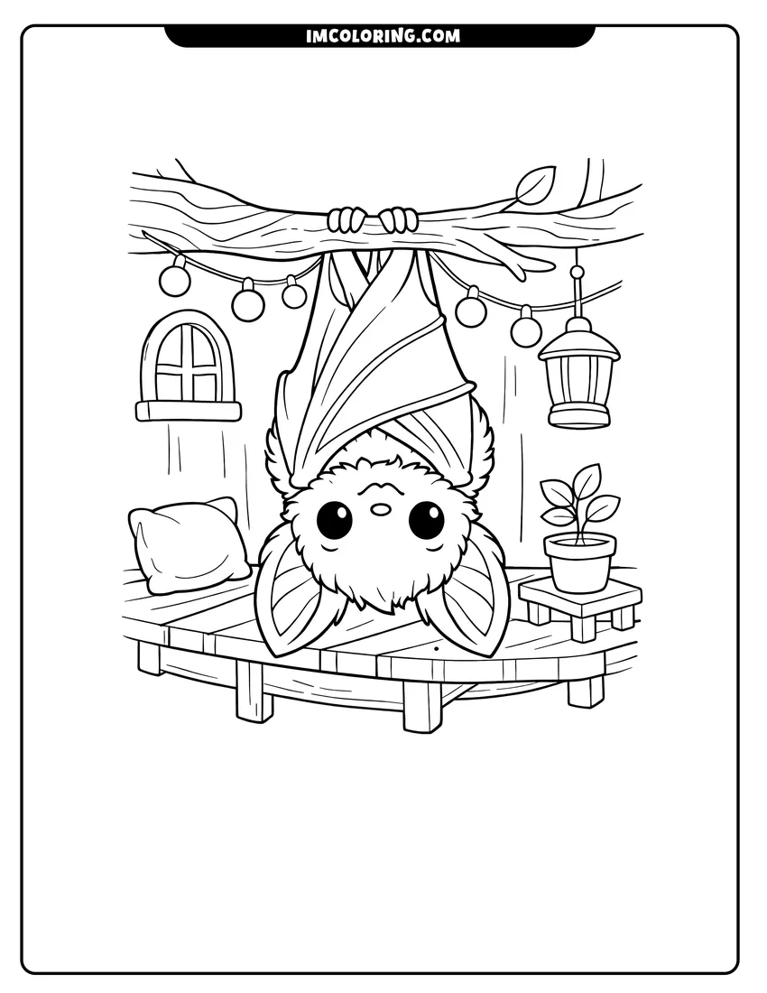 Simple line drawing of Cute bat hanging in a decorated treehouse