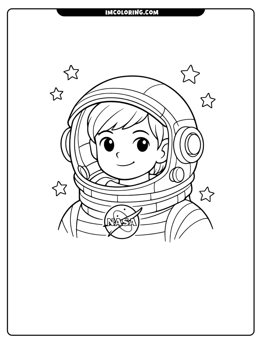 Line art depicting Detailed NASA astronaut helmet with logo