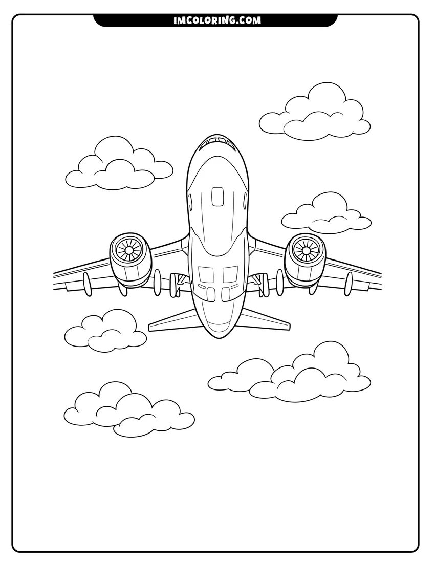 Printable View from underneath an Airbus passenger jet airplane coloring activity