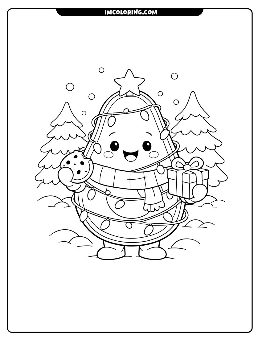 Printable Christmas avocado character wrapped in lights with a gift coloring activity