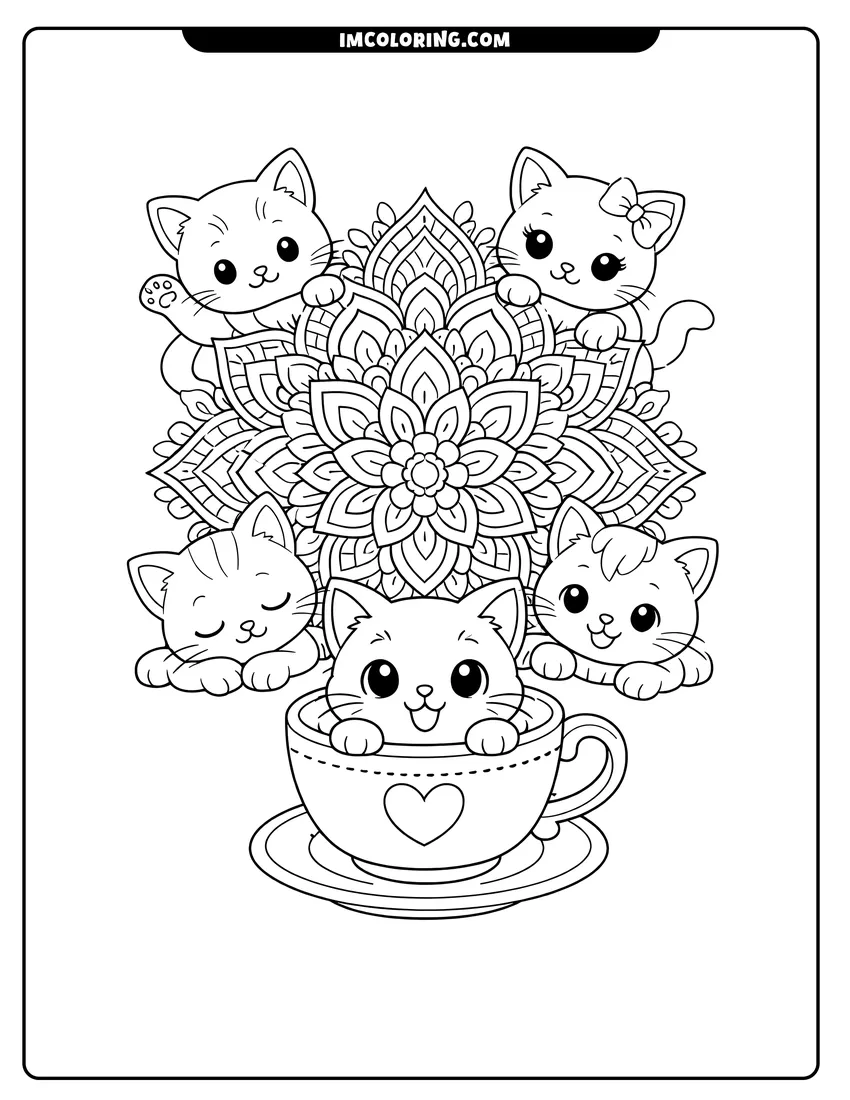 Outline of Group of kittens surrounding a large ornate floral mandala on a white background