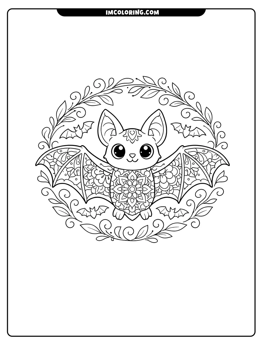 Simple line drawing of Bat with floral mandala patterns on its wings