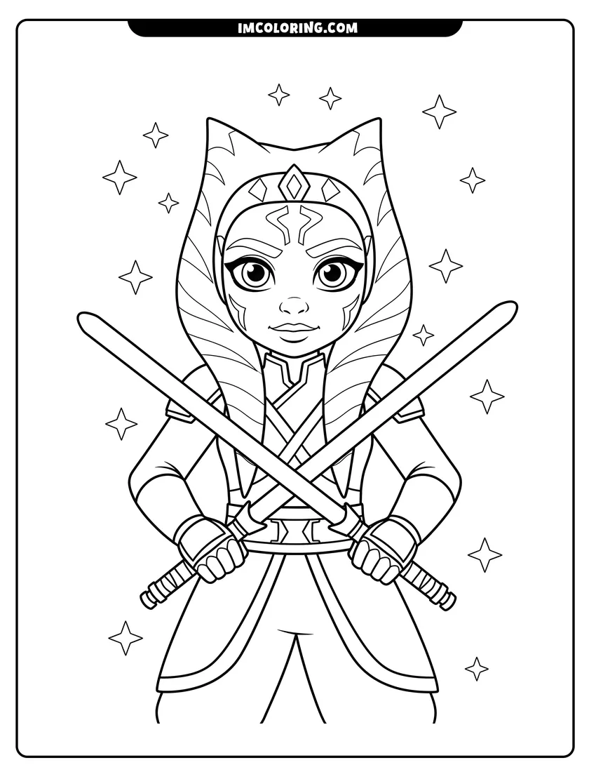 Black and white Ahsoka Tano in a crossed lightsaber battle stance coloring sheet