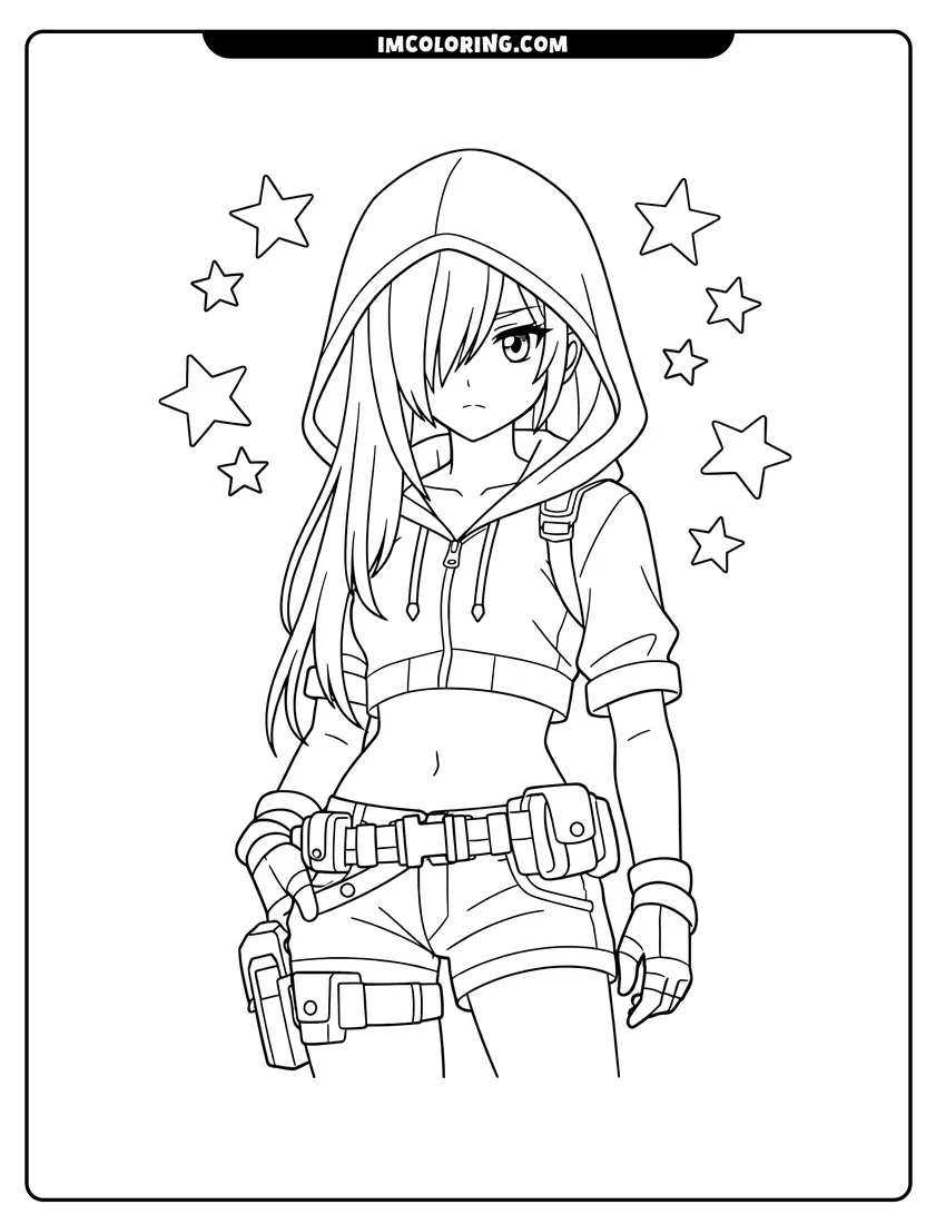 Futuristic anime girl wearing a utility belt coloring page for preschoolers