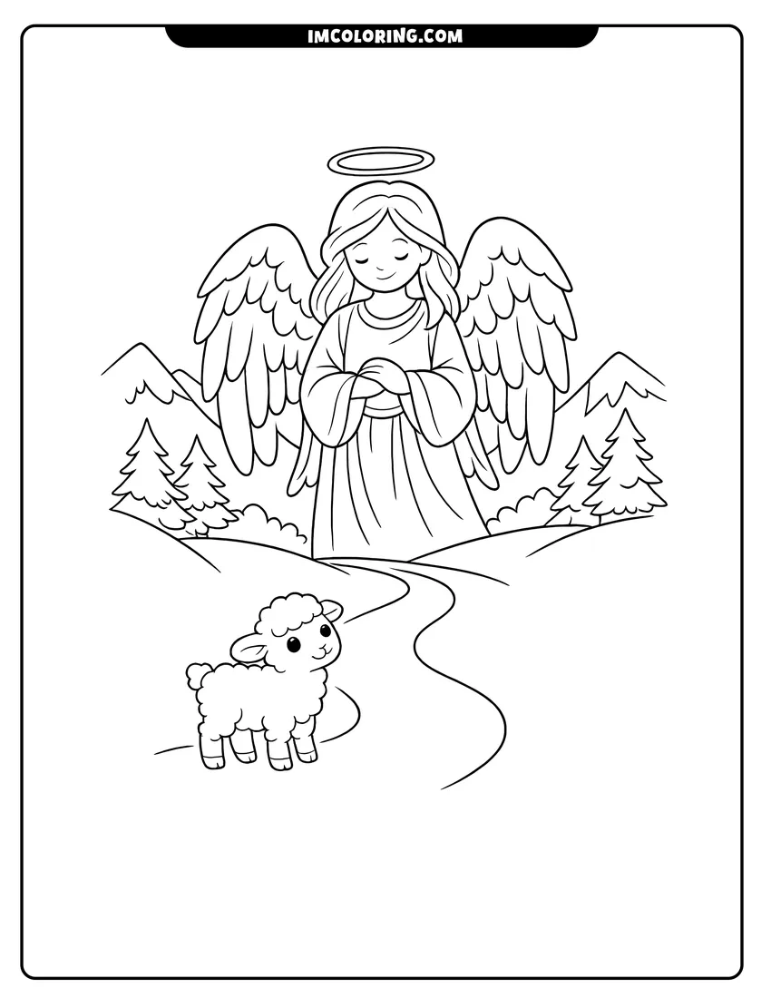 Guardian angel watching a lamb in a mountain valley coloring page for preschoolers
