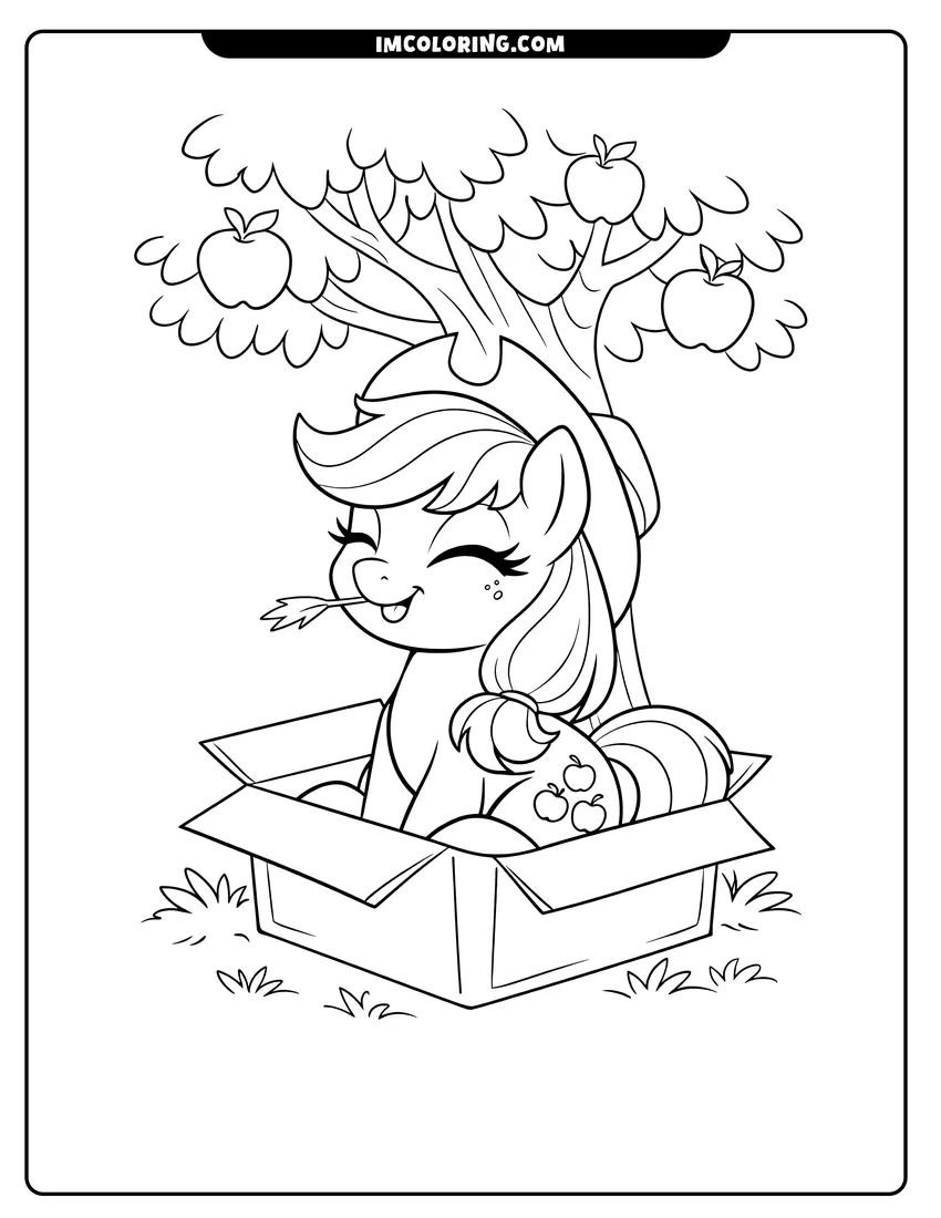 Printable coloring page featuring Applejack sitting inside a cardboard box on the grass