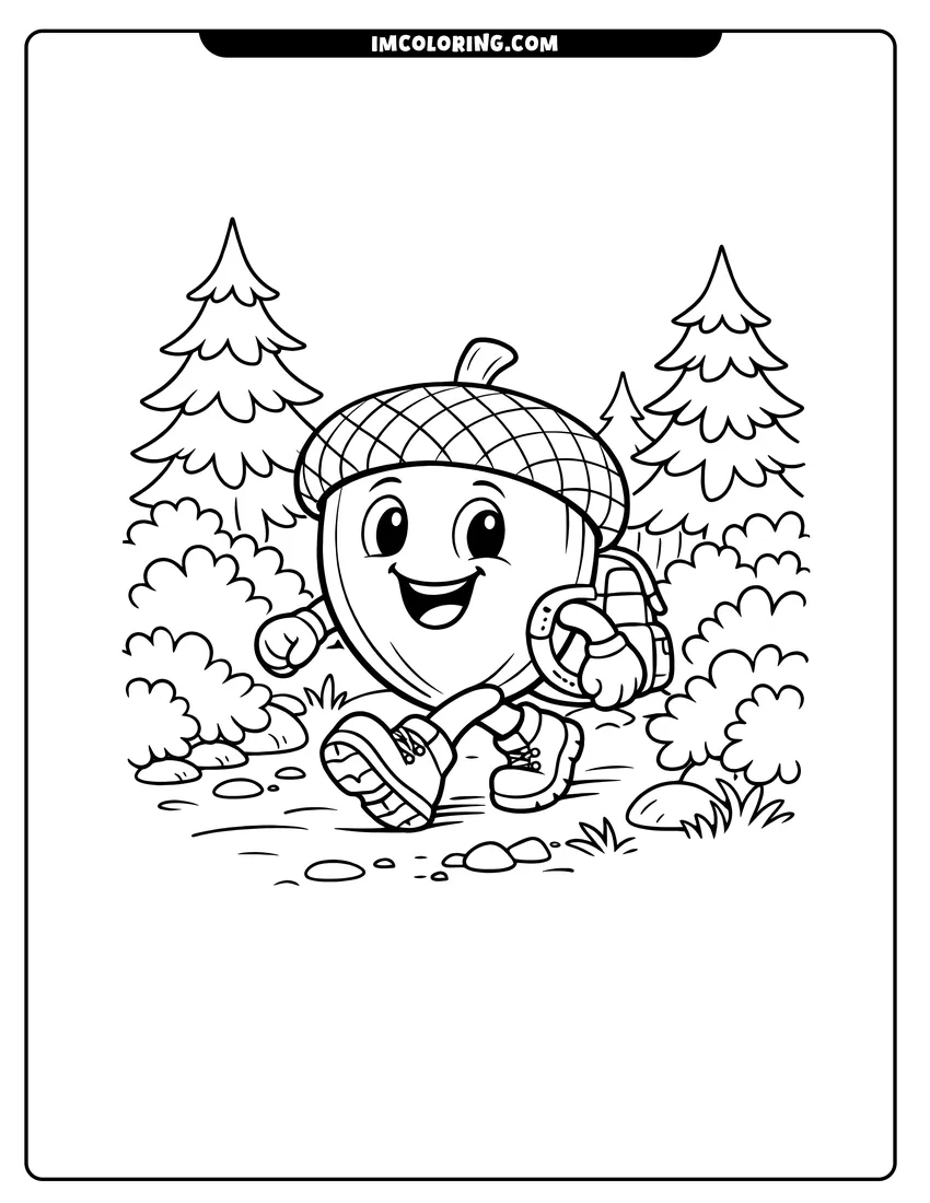 Coloring sheet of Hiking acorn character with backpack and boots for kids