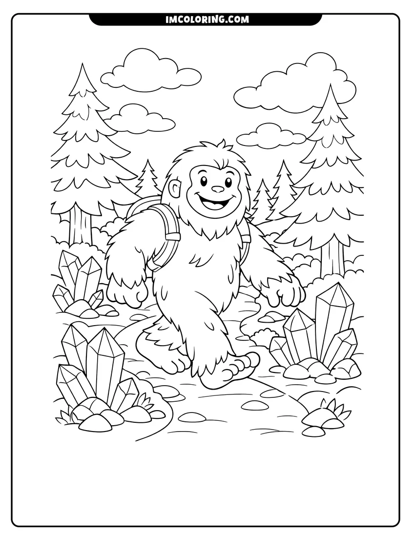 Kids activity sheet showing Happy Yeti exploring forest path lined with large crystals