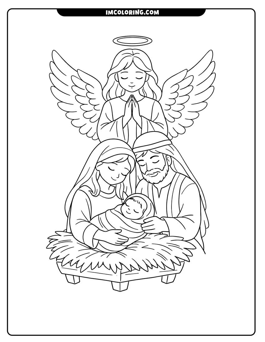 Line art depicting Angel watching over the Nativity scene with baby Jesus