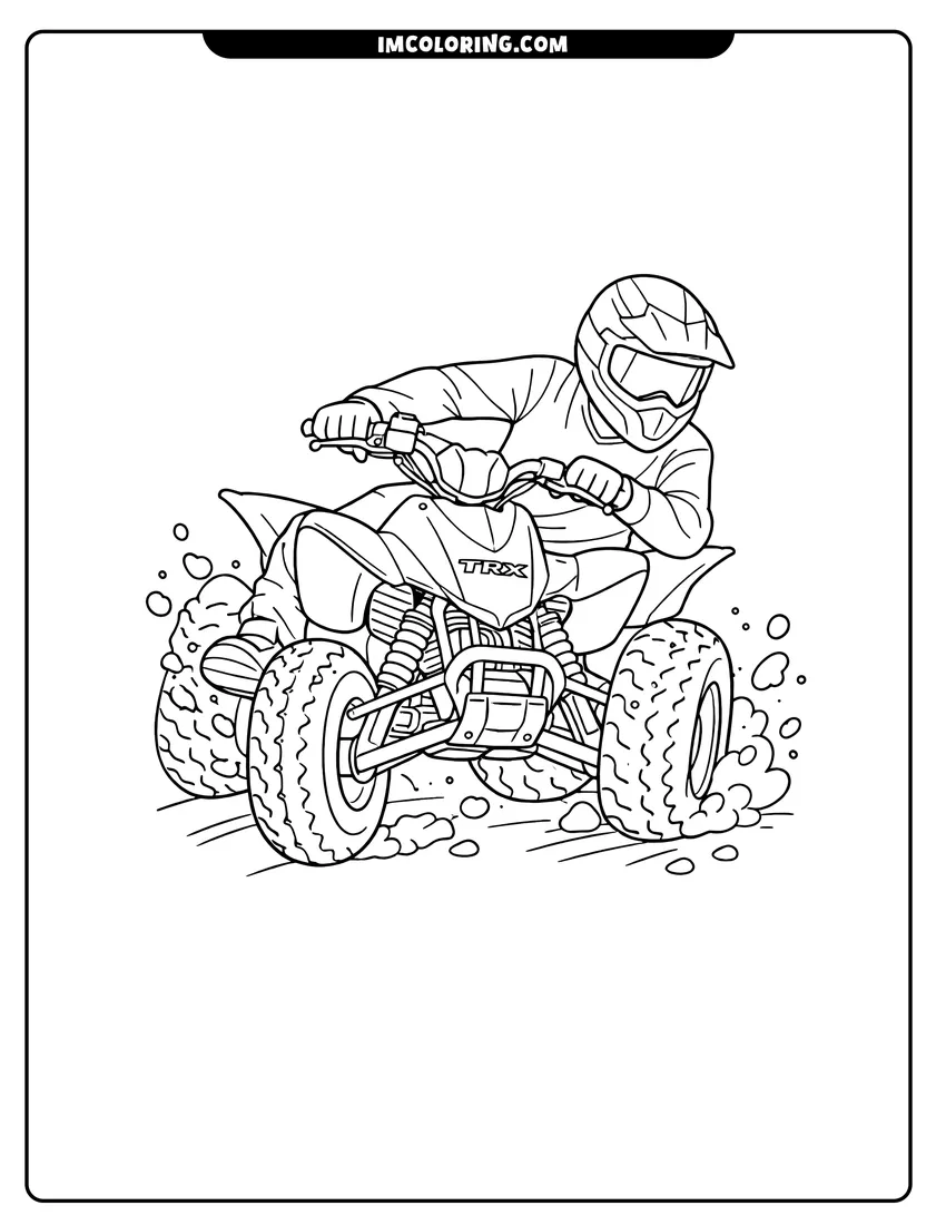 Line art depicting Man driving a Honda TRX ATV