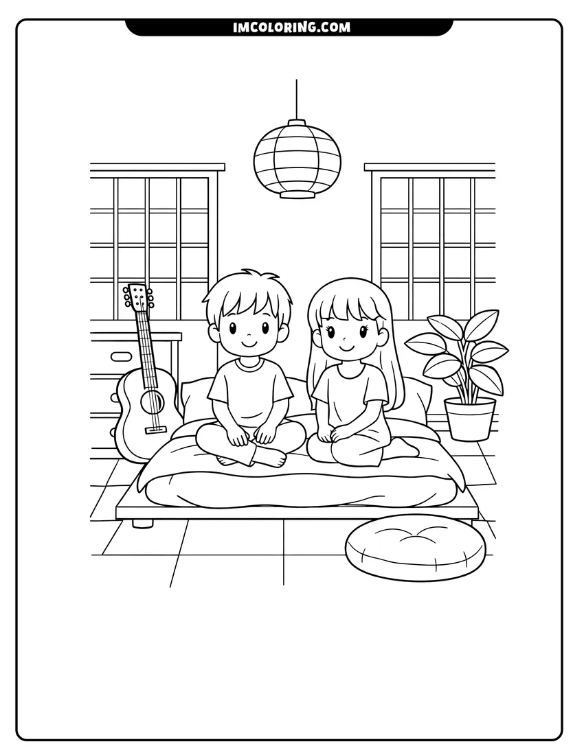 Kawaii style Japanese bedroom with shoji doors and acoustic guitar coloring picture