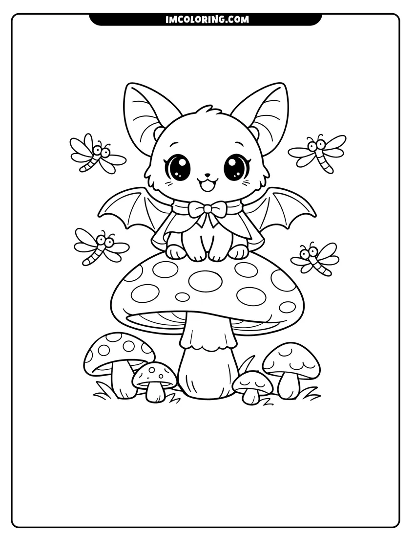 Cute kawaii bat sitting on a spotted mushroom coloring page for preschoolers