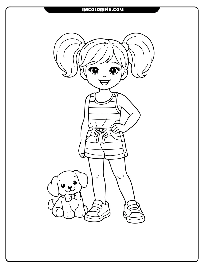 Black and white Young girl Kelly in her bedroom coloring sheet