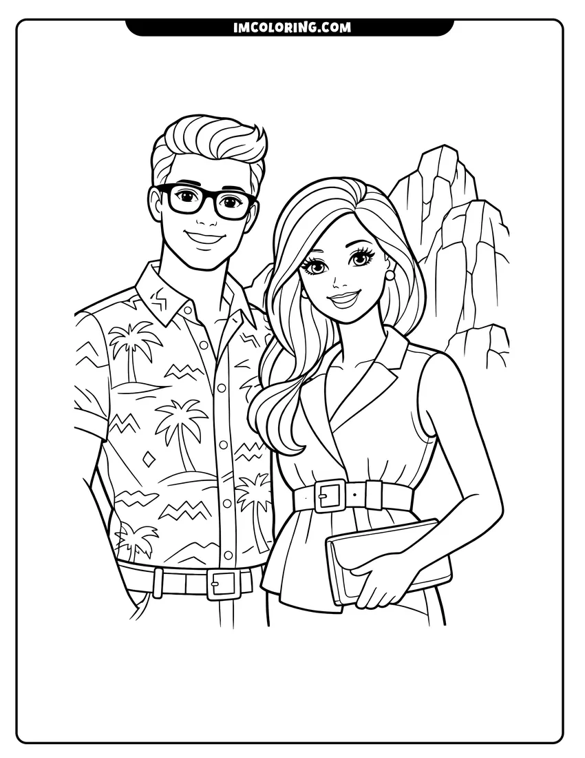 Black and white Ken and Barbie standing near a rocky cliff coloring sheet