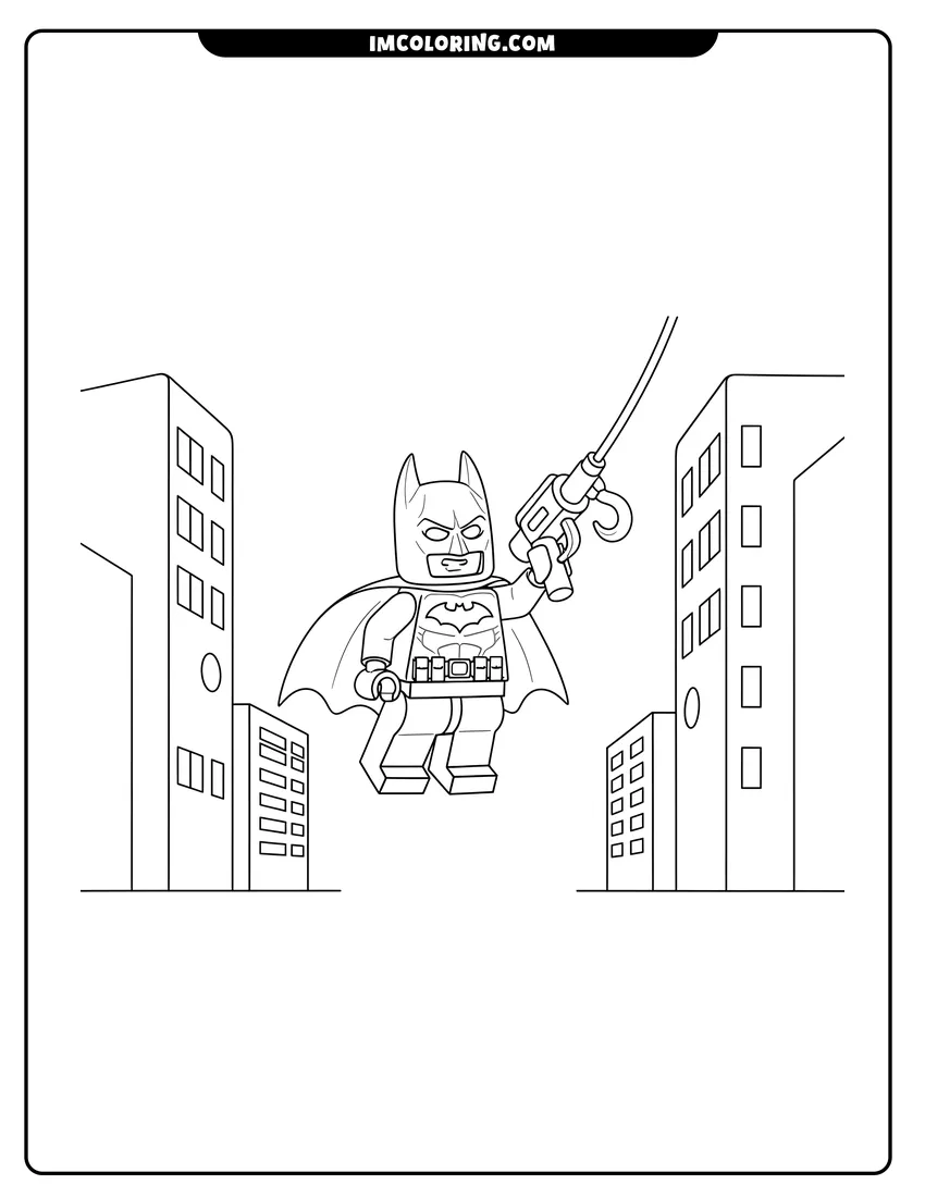 Lego Batman swinging between city skyscrapers coloring page for preschoolers
