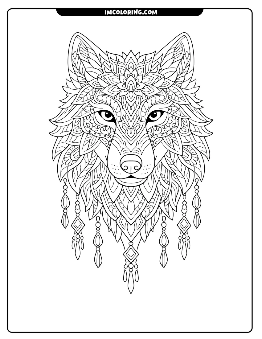Printable outline of Wolf head composed of intricate zentangle and mandala patterns