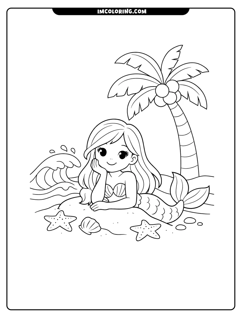 Mermaid sitting on the sand by the ocean waves drawing meant for coloring