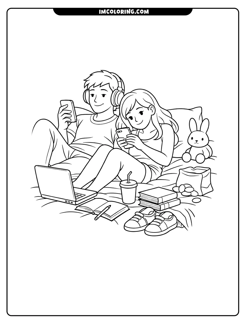 Couple lounging in a messy bedroom with rabbit drawing meant for coloring